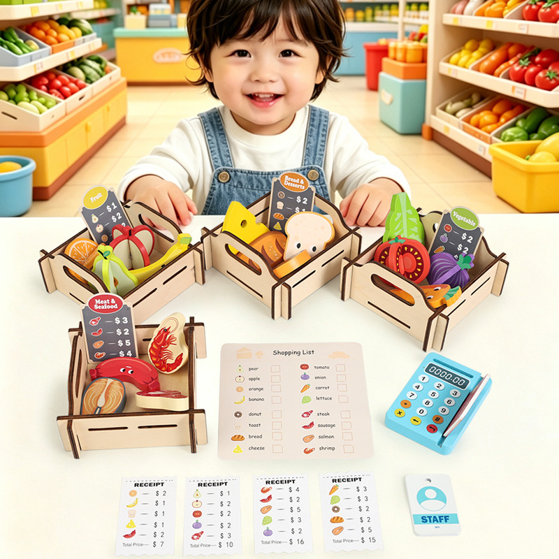 Toy Cash Register - Drewniany zestaw do zabawy w supermarket,